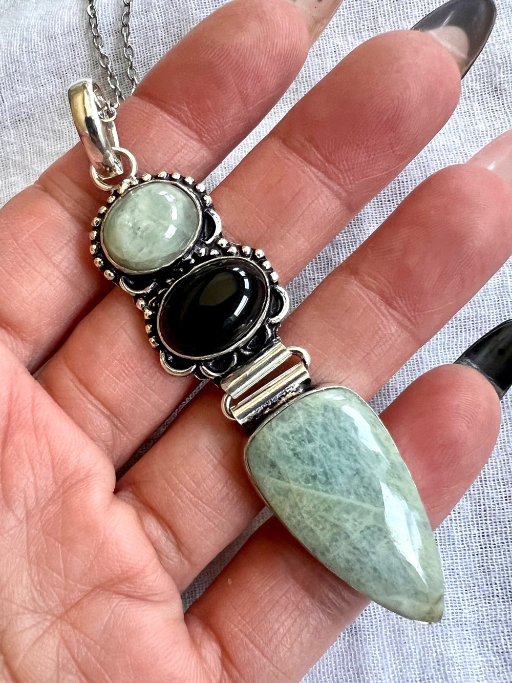 925 AQUAMARINE + ONYX! Protection Pendant Necklace